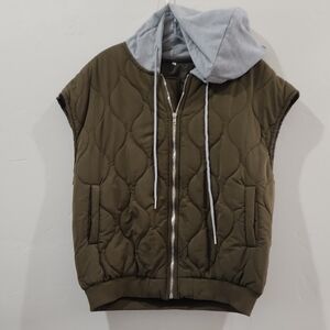 Quilted Olive Green Vest with Gray Hood